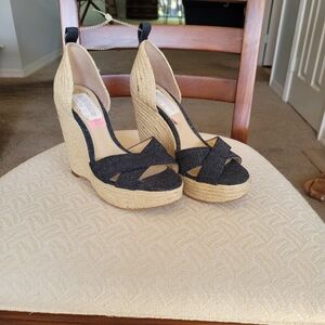 NWOT- Navy Denim wedge sandals- Vince Camuto